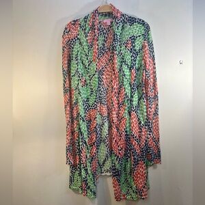 Lilly Pulitzer Medium Red Green Navy Polka Dot Long Sleeve Open Front Cardigan